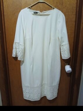 Talbots Cream Midi Dress with Lace Sleeves and Hem